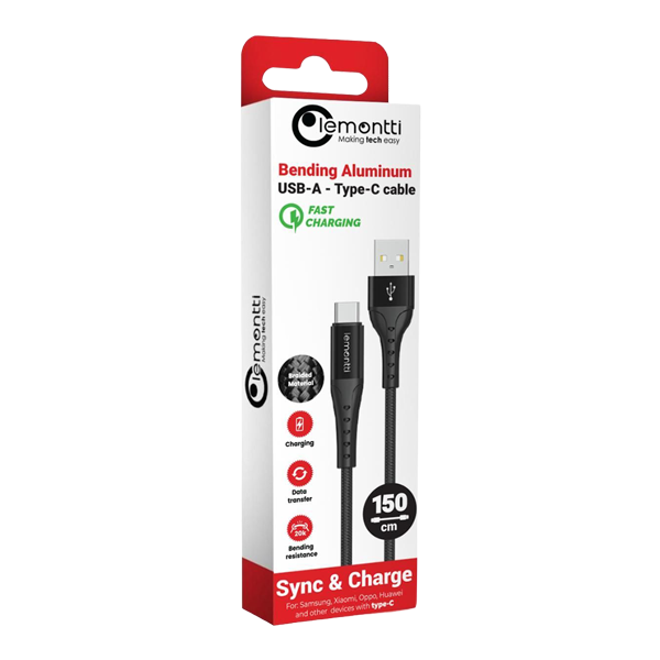 Lemontti cablu Aluminium FC USB-A to Type-C 1.5m Black